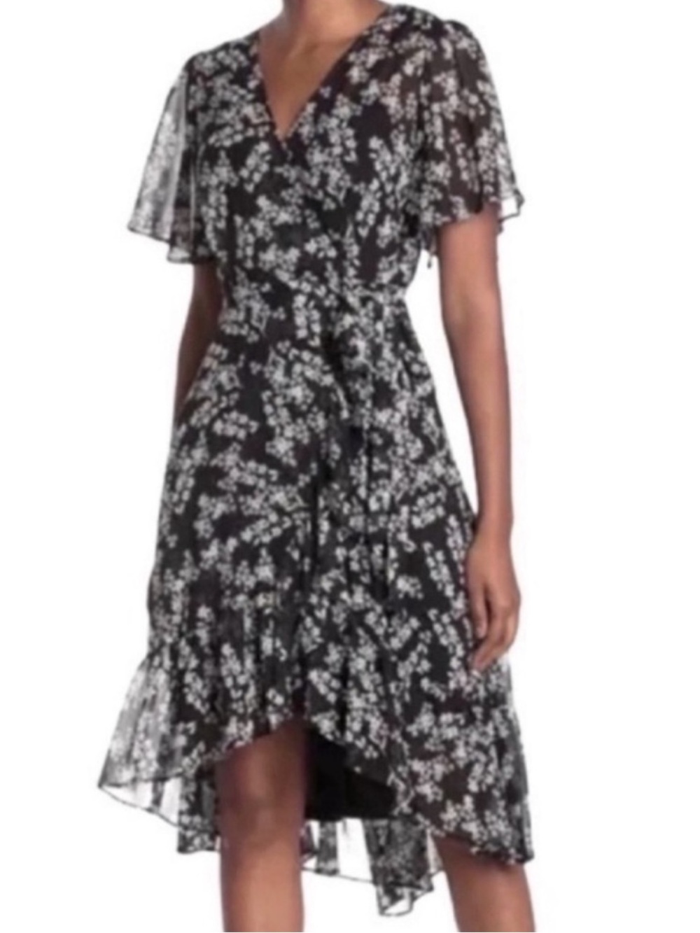 NEW Calvin Klein Flutter Sleeve Midi Dress Chiffon Faux Wrap Black White Size 4